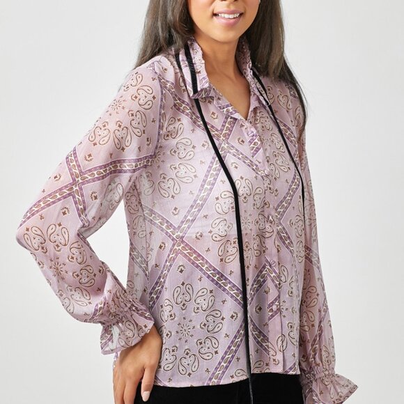 MYSTREE Lavender Paisley Print Blouse, Long Sleeve Tie Neck Top with Ruffle Cuff - Picture 4 of 6